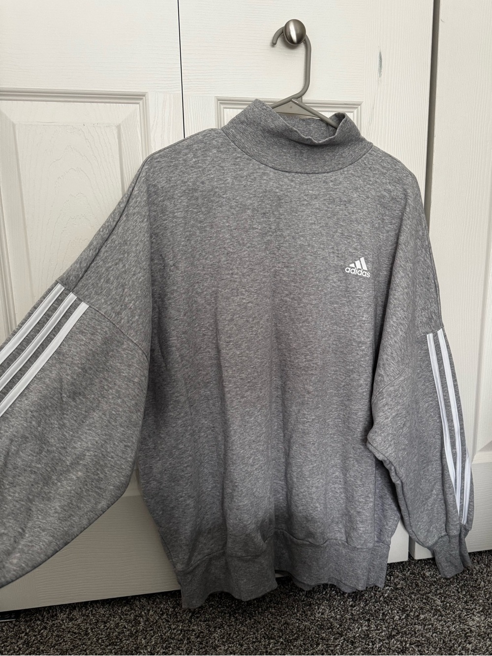 adidas Women's Grey Turtleneck Sweatshirt with White Stripe Sleeves
